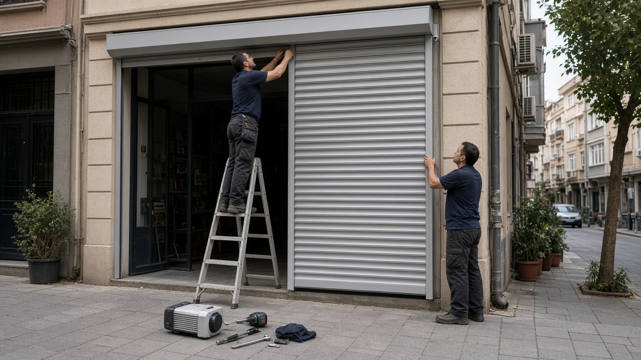 Sağlam Kepenk ustaları bir mağazaya motorlu kepenk takarken